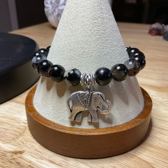 Black Tourmaline (8 mm)with Silver Elephant Charm and Spacers - Picture 1 of 7
